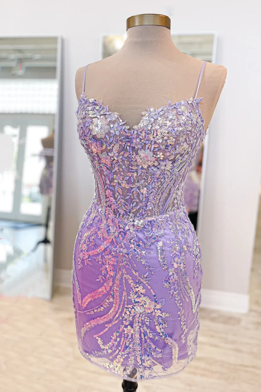 Diynav Lavender Sequin Appliques Tight Mini Homecoming Dress HZ1017