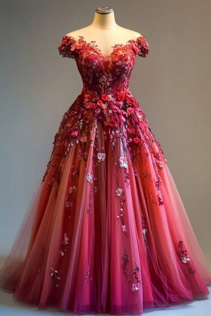 Diynav Pink Off The Shoulder Tulle Appliques Ball Gown ,Formal Prom Dress Evening Dress HZ1017