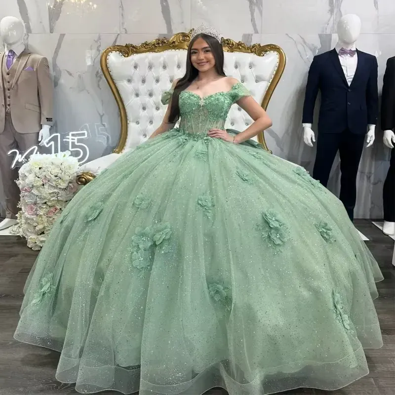 Diynav Sage Green Quinceanera Dress,Tulle Appliques Sequins Crystals Birthday Party Ball Gown With Bow HZ1017