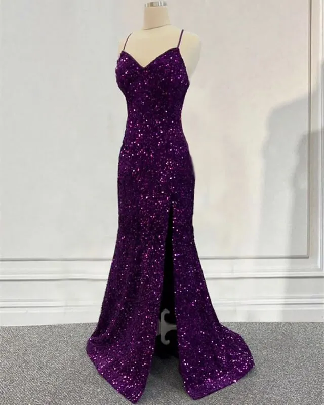 Diynav Purple Prom Dress Sequin Mermaid Formal Evening Dress With Split HZ1017