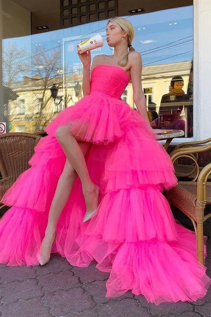 Diynav High Low Layered Hot Pink Tulle Long Prom Dress, High Low Hot Pink Formal Dress, Hot Pink Evening Dress HZ1017