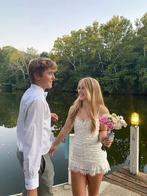 Diynav Womens White Spaghetti Straps Lace Homecoming Dress HZ1017