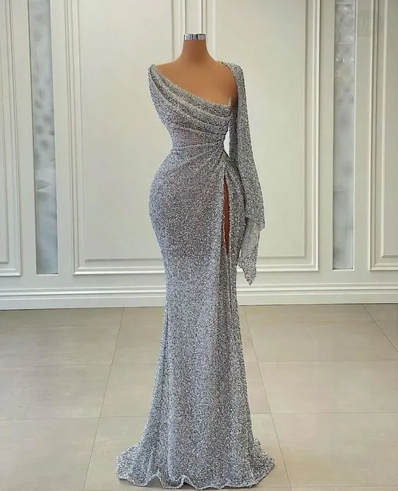 Diynav Sequin Long Prom Dress Irregular Neckline Charming Evening Gown HZ1017