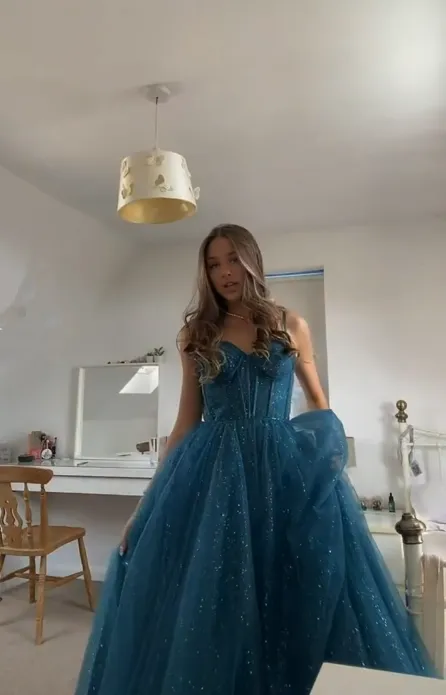 Diynav Spaghetti Straps Glitter Tulle Prom Dress Chic Evening Dress HZ1017