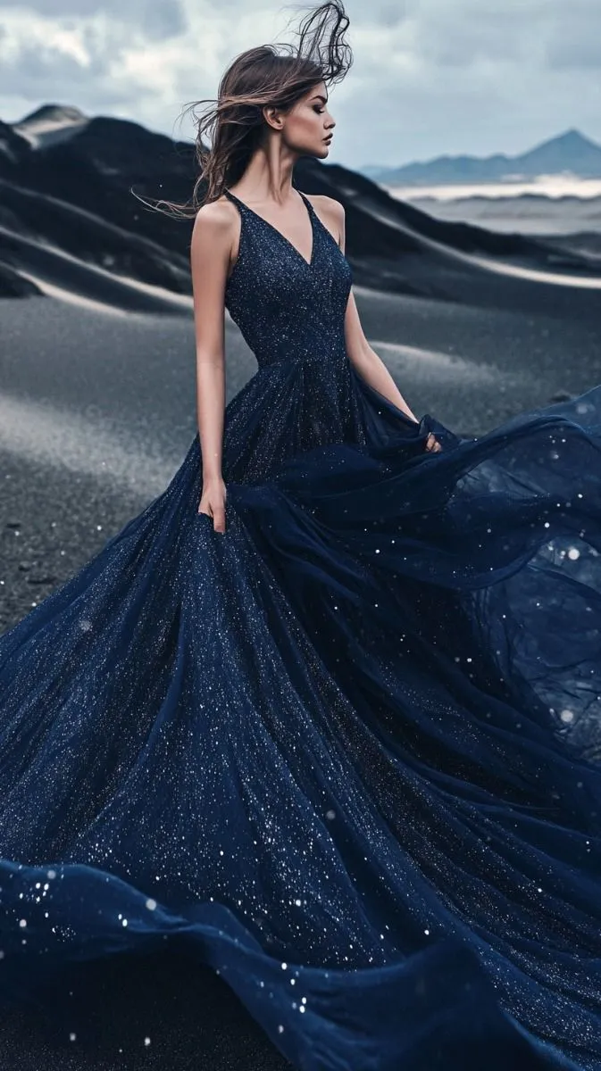 Diynav Sequin Tulle A Line Prom Dress,Navy Blue V Neck Evening Dress Wedding Dress HZ1017