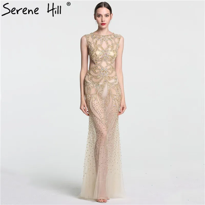 Diynav Sale no return no refund Sale Champagne Transparent Sexy Mermaid Evening Dress Sleeveless Sequined Tulle Evening Gowns 2025 HZ1017