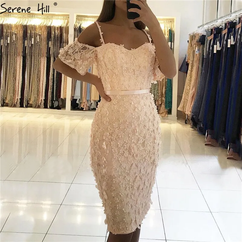 Diynav Sale no return no refund Sale Champange Short Sleeves Sexy Elegant Cocktail Dress Handmade Flowers Crystal Cocktail Party Gowns 2025 HZ1017