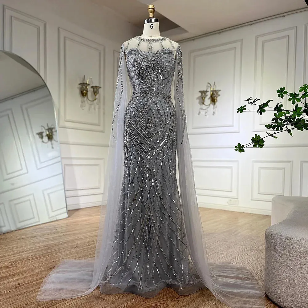 Diynav Arabic Gray Mermaid Evening Dress With Beaded Elegant Cape Sleeves Gown For Formal Occasion HZ1017