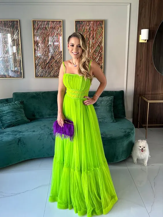 Diynav A-line Spaghetti Straps Tulle Prom Dress,Green Evening Dress HZ1017