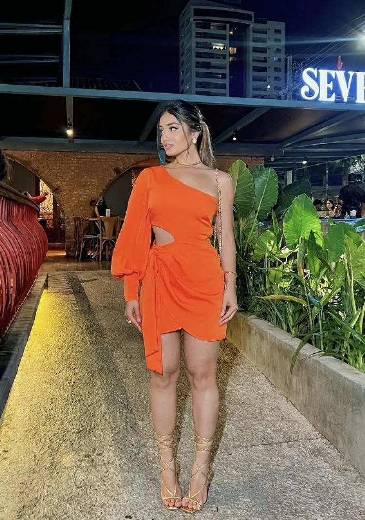 Diynav Shoulder Cut Out Knot Side Dress,Orange Homecoming Dress HZ1017