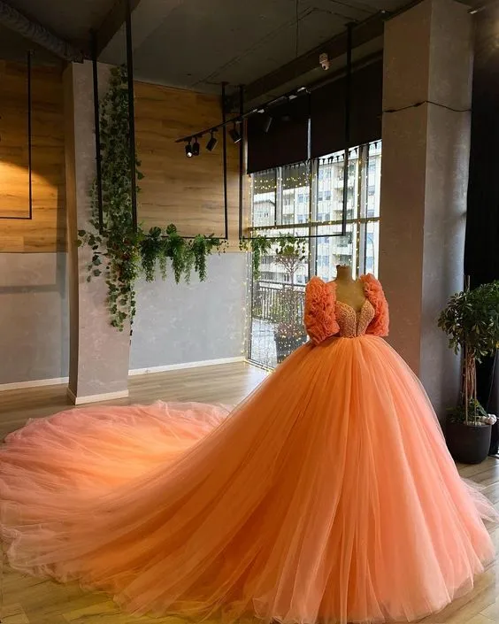 Diynav Orange Tulle Ball Gown,Sweet 16 Dress HZ1017