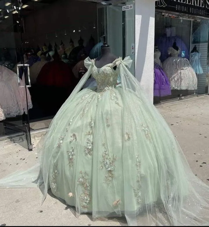 Diynav Green Quinceanera Dresses With Cape 3D Flowers Sweet 15 Birthday Ball Gowns HZ1017