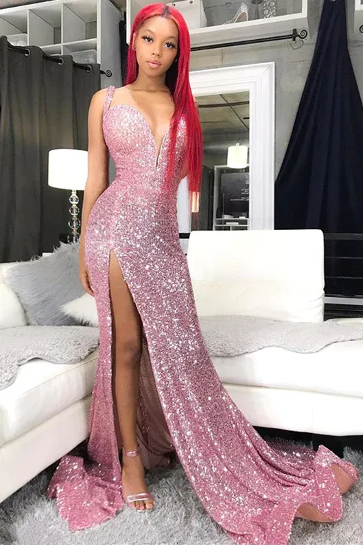 Diynav Pink Prom Dresses | Mermaid Sexy Slit Formal Evening Dress Long HZ1017