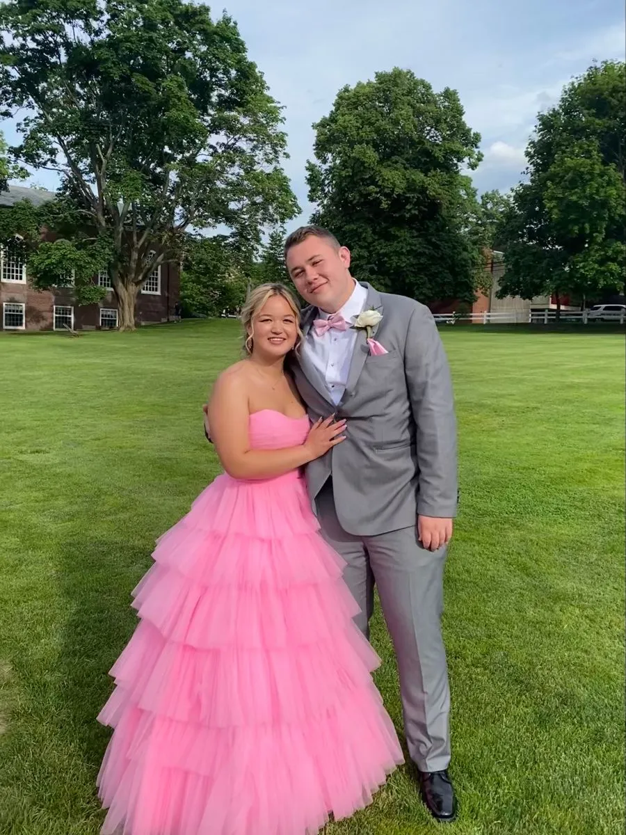 Diynav Pink A-line Tulle Tiered Prom Dress,Pink Tulle Evening Dress HZ1017