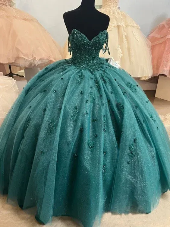 Diynav Gown Beaded Quinceanera Dress Spaghetti Straps Emerald Green Sweet 16 Dress HZ1017