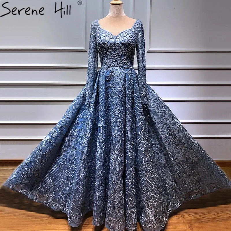 Diynav Blue Muslim Lace Beading Luxury Evening Dresses 2025 Long Plus Size Dress Evening Gowns LA60899 For HZ1017 - Image 5