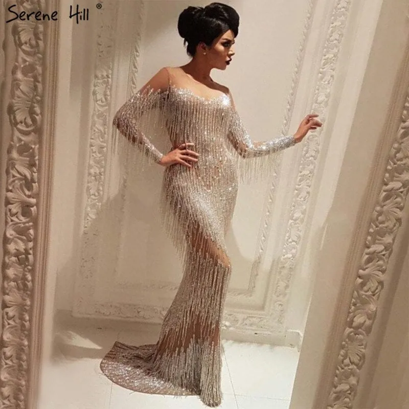 Diynav Sale no return no refundSale Dubai Champagne Langarm Sexy Abendkleider 2025 Perlen Quaste Elegante Meerjungfrau Formale Kleid HZ1017