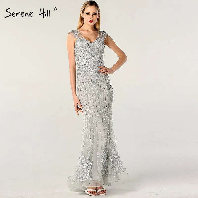 Diynav Sale no return no refundSale Dubai Design Grey V-Neck Luxury Evening Dresses Beading Pearls Cap Sleeve Sexy Evening Gowns 2025 HZ1017