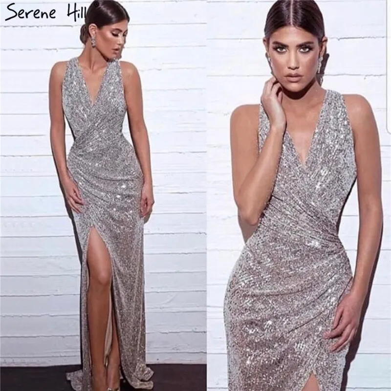 Diynav Dubai Design Silver Deep-V Luxury Evening Dresses Sequined Mermaid Sexy Formal Dress 2025 HZ1017