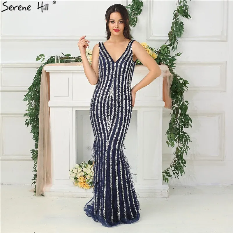 Diynav Dubai Designer Luxury Blue Sexy Evening Dresses 2025 Deep-V Backless Diamond Beading Evening Gowns Real Photo HZ1017