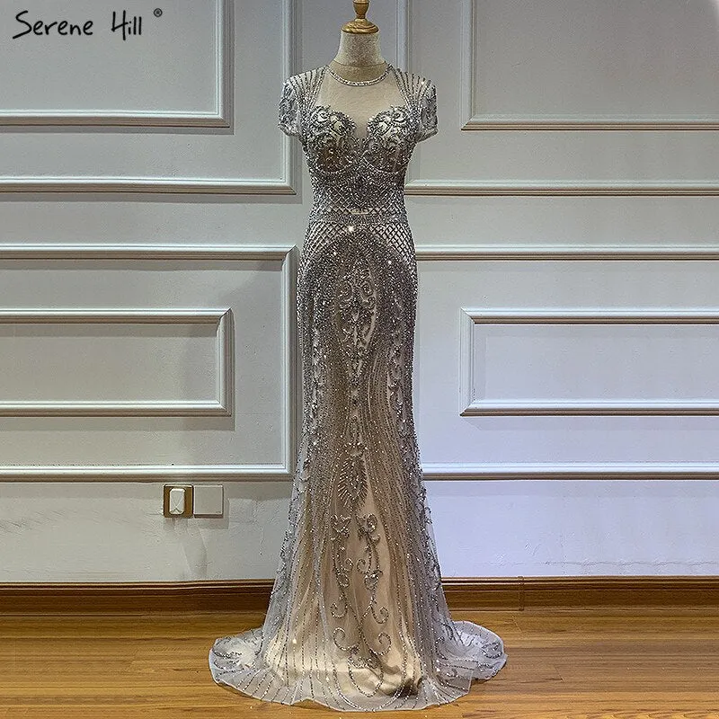 Diynav Grey Full Diamond Sexy Evening Dresses 2025 Cap Sleeve Luxury Mermaid Formal Dress HZ1017