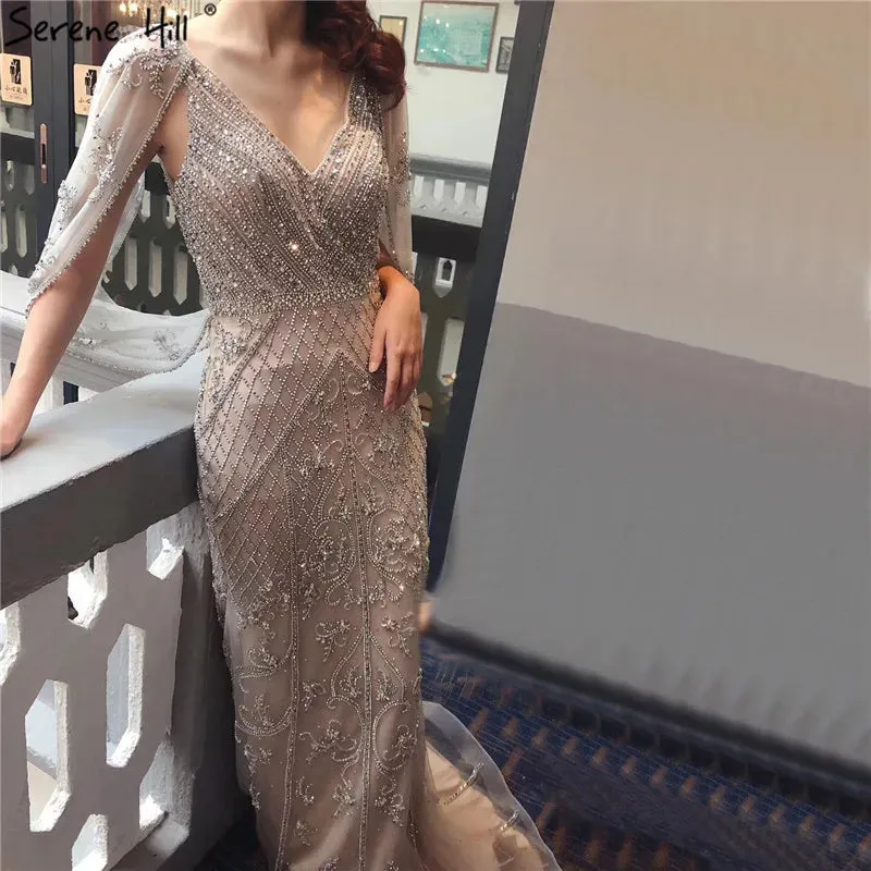 Diynav Grey Nude Sexy Evening Dresses 2025 Crystal Sleeveless Shawl Yarn Formal HZ1017