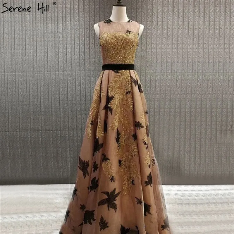 Diynav Sale no return no refundSale Dubai Luxury Gold Sequined A-Line Evening Dresses O-Neck Sleeveless Sexy Formal Dress 2025 HZ1017