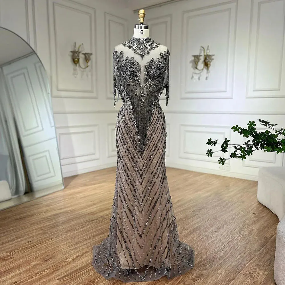 Diynav Luxury High-end Evening Dresses 2025 Champagne Grey Beaded Tassel Formal HZ1017 - Image 5