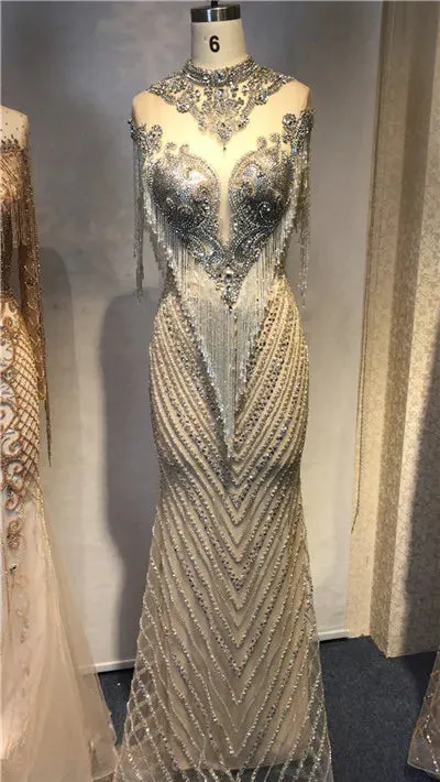 Diynav Luxury High-end Evening Dresses 2025 Champagne Grey Beaded Tassel Formal HZ1017 - Image 8