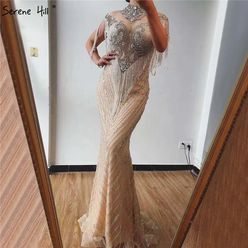 Diynav Luxury High-end Evening Dresses 2025 Champagne Grey Beaded Tassel Formal HZ1017 - Image 4