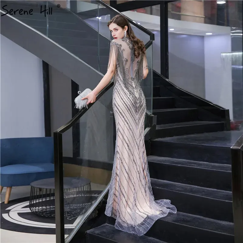Diynav Luxury High-end Evening Dresses 2025 Champagne Grey Beaded Tassel Formal HZ1017 - Image 3