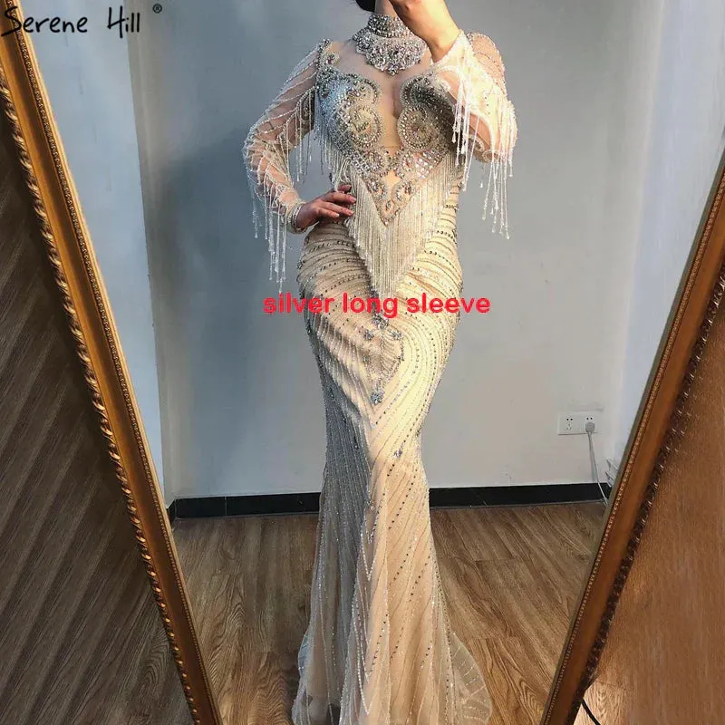 Diynav Luxury High-end Evening Dresses 2025 Champagne Grey Beaded Tassel Formal HZ1017 - Image 7