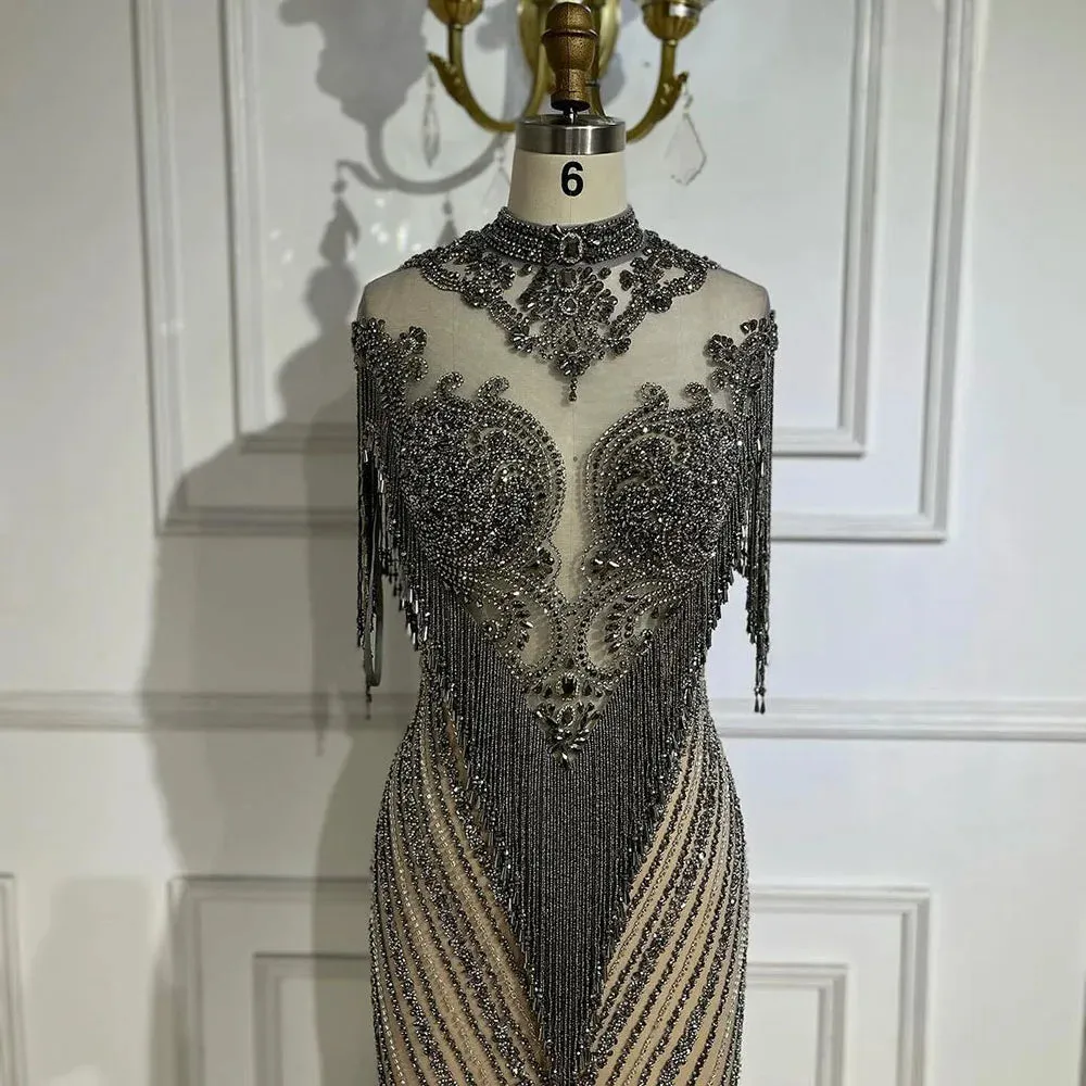 Diynav Luxury High-end Evening Dresses 2025 Champagne Grey Beaded Tassel Formal HZ1017 - Image 6