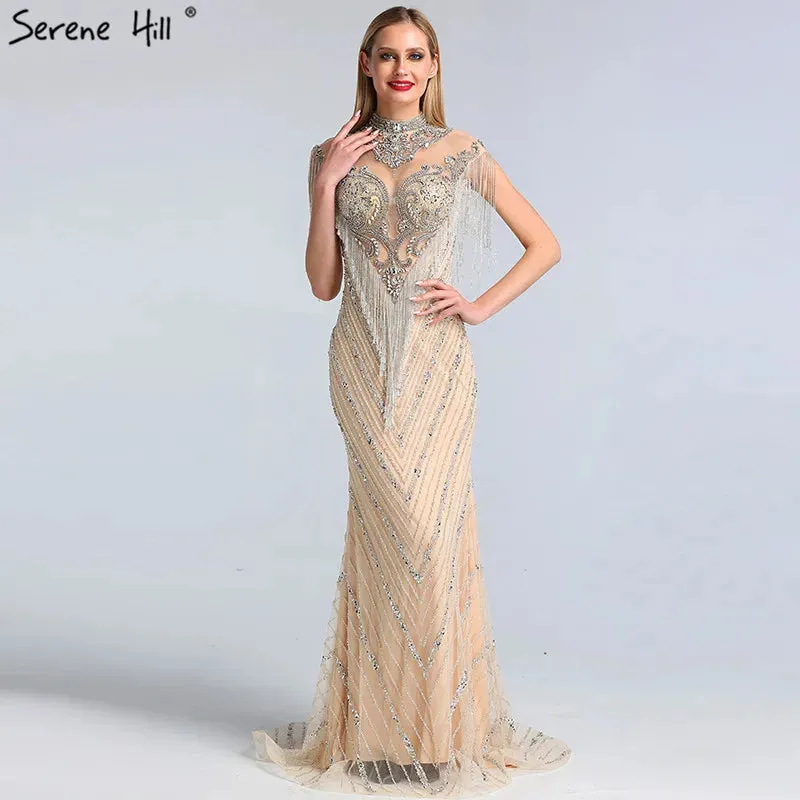 Diynav Luxury High-end Evening Dresses 2025 Champagne Grey Beaded Tassel Formal HZ1017 - Image 2