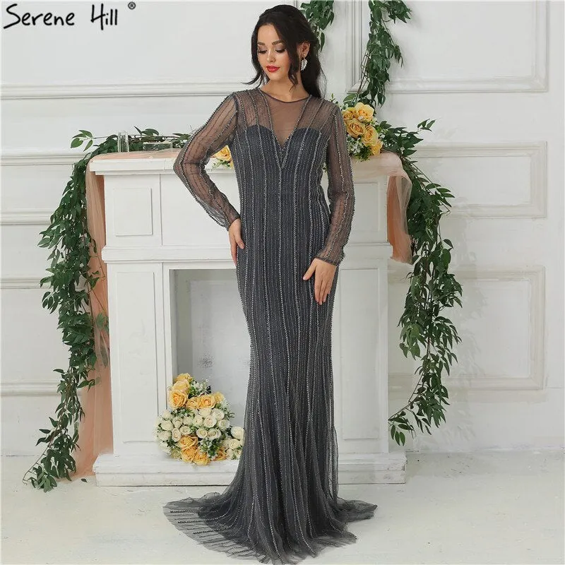 Diynav Dubai New Gold Fashion Mermaid Evening Dresses 2025 Long Sleeves Beading Sexy Luxury Evening Party Dress HZ1017