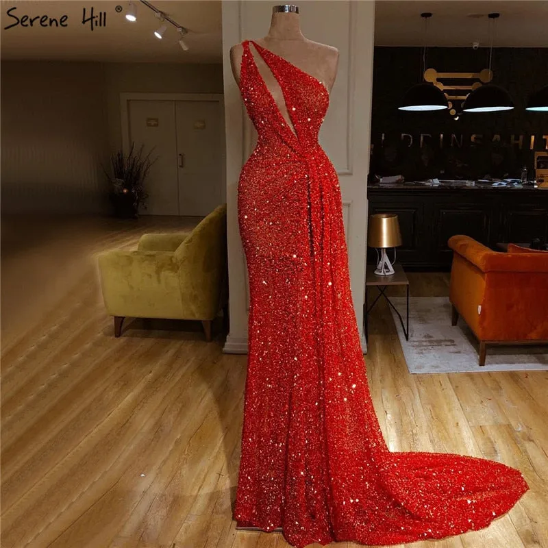 Diynav Red One Shoulder Sexy Evening Dresses 2025 Mermaid Beading Sequins Luxury Formal Dress HZ1017