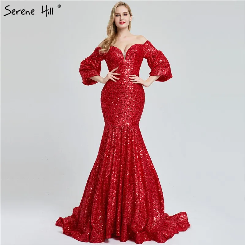 Diynav Sale No Return No Refund Sale Dubai Red Sequined Off Shoulder Sexy Evening Dresses 2025 Latest Design Mermaid Long Sleeves Luxury Evening Gowns HZ1017
