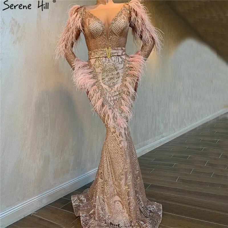 Diynav Sale No Return No Refund Sale Dubai Rose Gold Mermaid Sexy Evening Dresses 2025 Luxury Feathers Beading Sparkle Formal Dress HZ1017