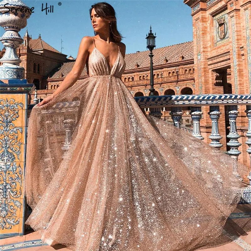 Diynav V-Neck Backless Glitter Sexy Prom Dresses Champagne Vintage Beach Evening Gowns 2025 HZ1017