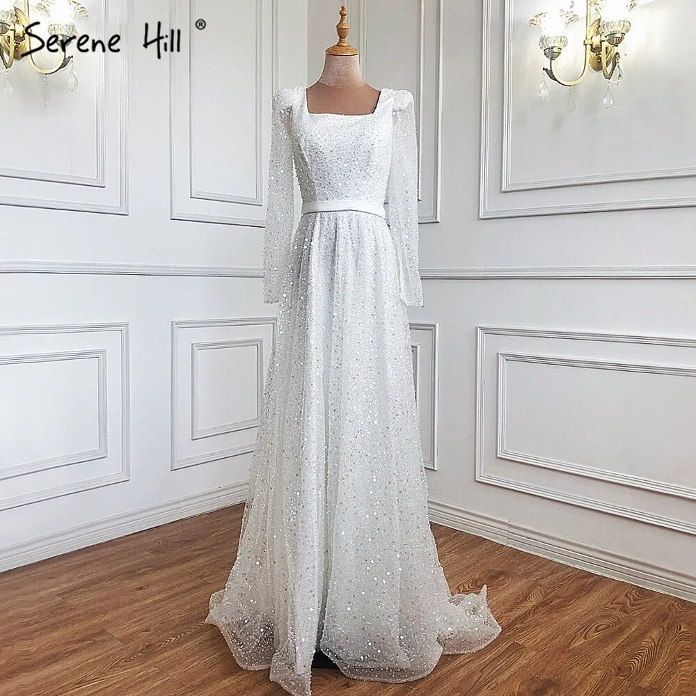 Diynav White A-Line Sexy Luxury Evening Dresses 2025 Beading Long Sleeve Sexy Formal Dress HZ1017 - Image 5