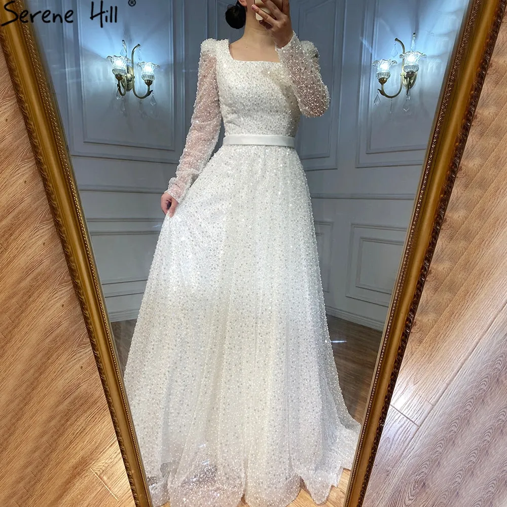Diynav White A-Line Sexy Luxury Evening Dresses 2025 Beading Long Sleeve Sexy Formal Dress HZ1017 - Image 3