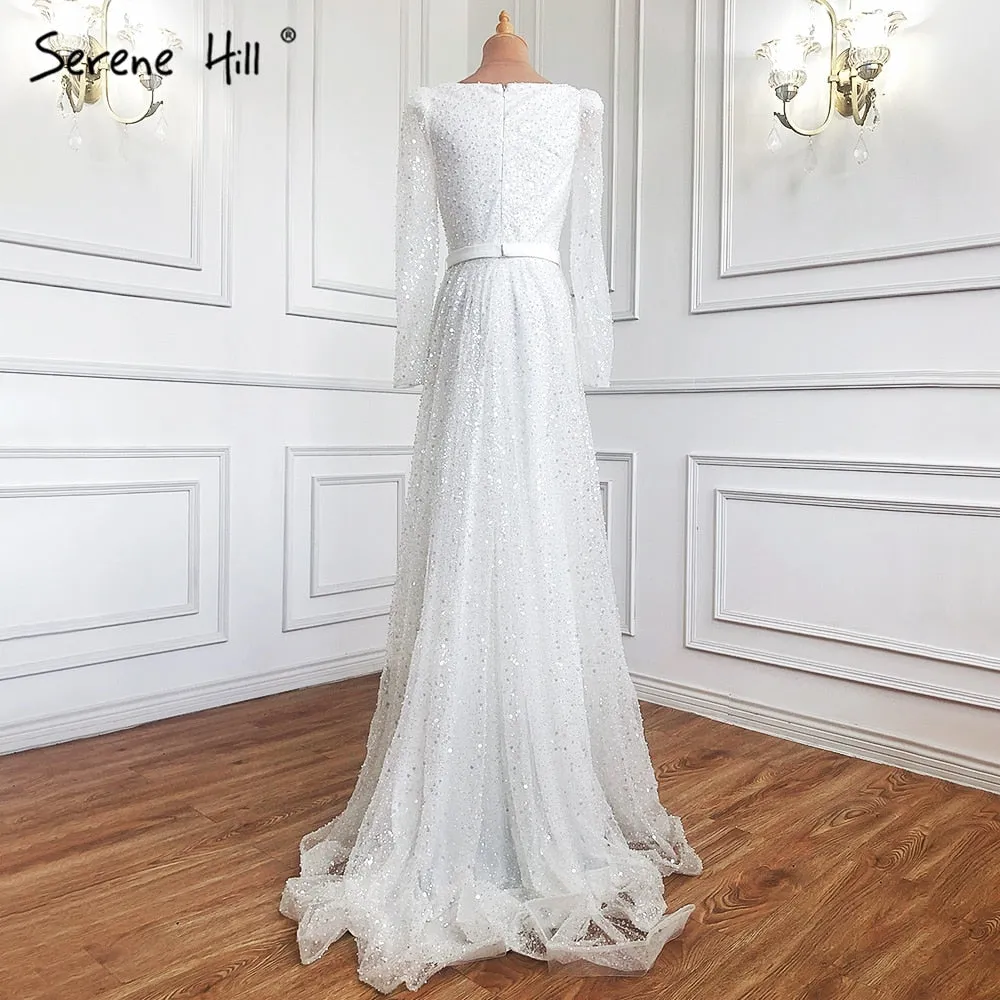 Diynav White A-Line Sexy Luxury Evening Dresses 2025 Beading Long Sleeve Sexy Formal Dress HZ1017 - Image 4