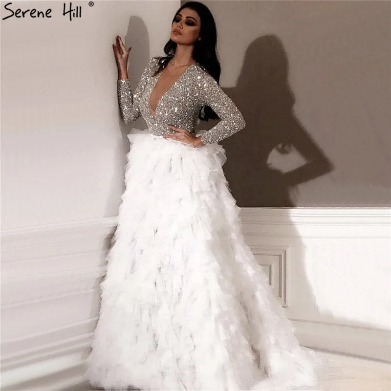 Diynav White Long Sleeves Luxury Evening Dresses 2025 V-Neck Sexy Sequined Tiered Evening Gowns HZ1017