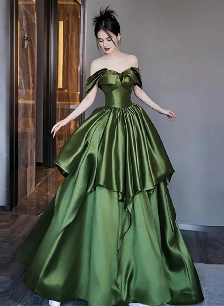Diynav Ruched Layered Formal Prom Dress A Line Green Satin Long Ball Gown Evening Dress HZ1017