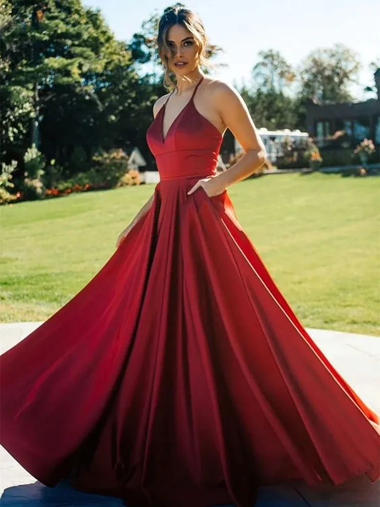 Diynav V Neck Long Prom Dresses, V Neck Wine Red Long Formal Evening Dresses HZ1017