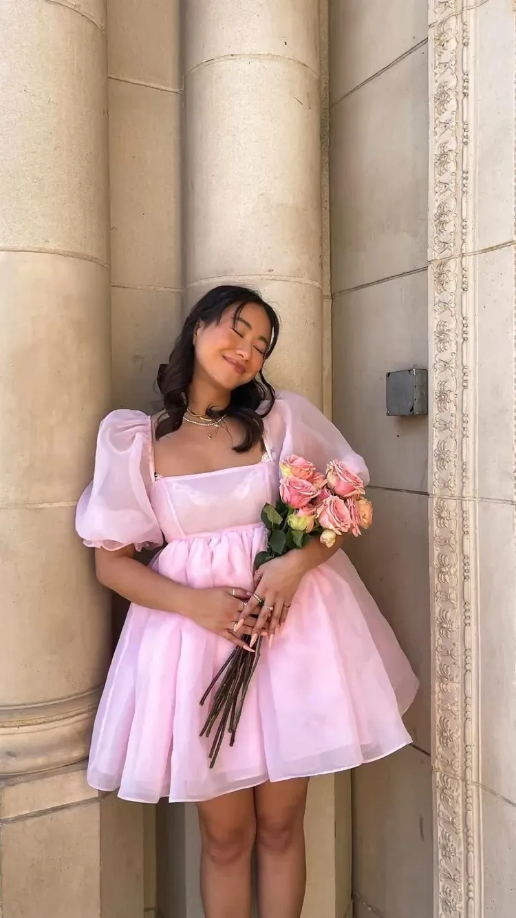 Diynav Mesh Tulle Dress for Women Puff Sleeve Mini Princess Dress Square Neck Homecoming Dress HZ1017