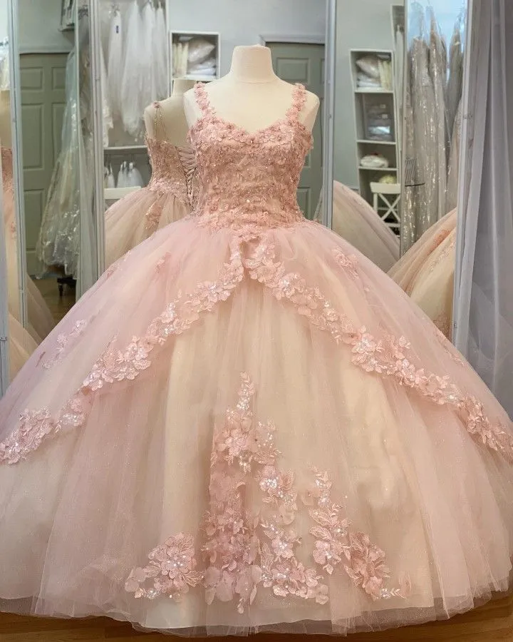 Diynav Sweet Tulle Ball Gown 16 Lace Pink Party Flower Sparkly Prom Dress HZ1017