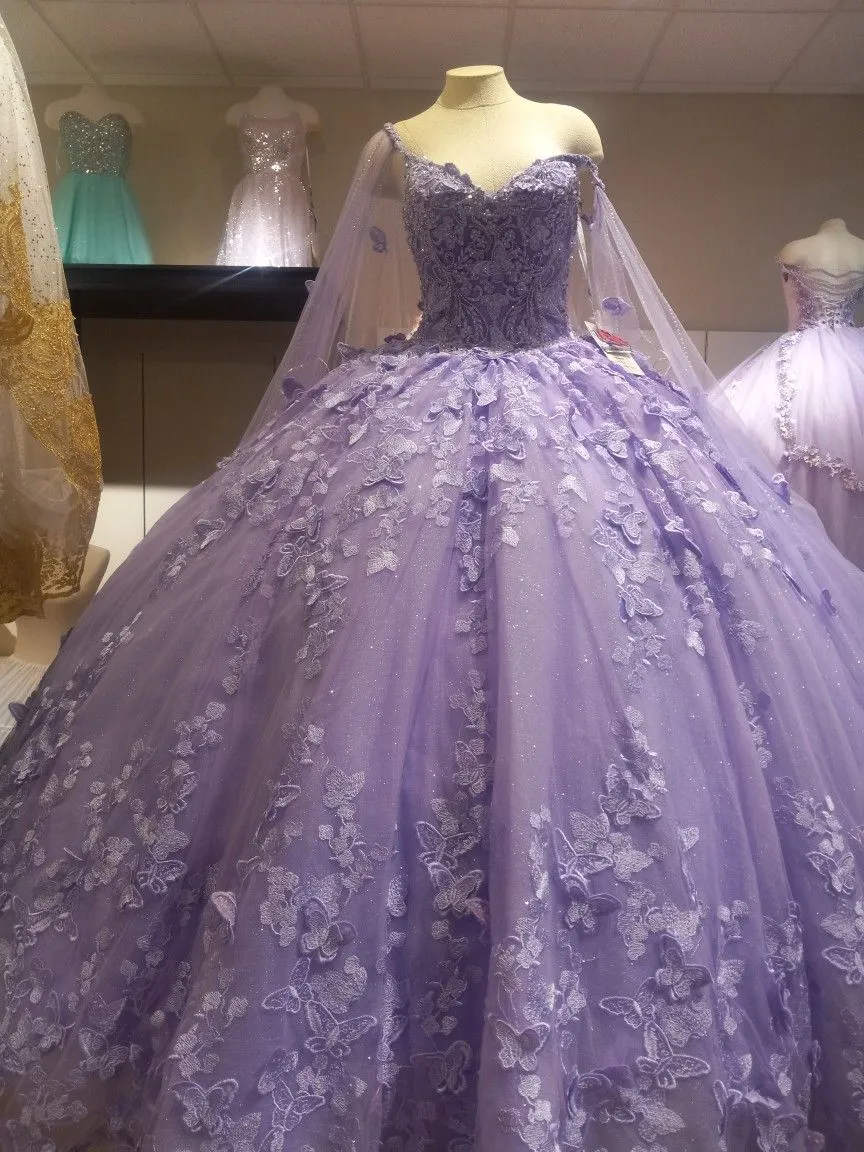 Diynav Ball Gown Quinceanera Dresses Purple with Butterflies Lace Tulle for Girls Sweet 15 16 Birthday HZ1017