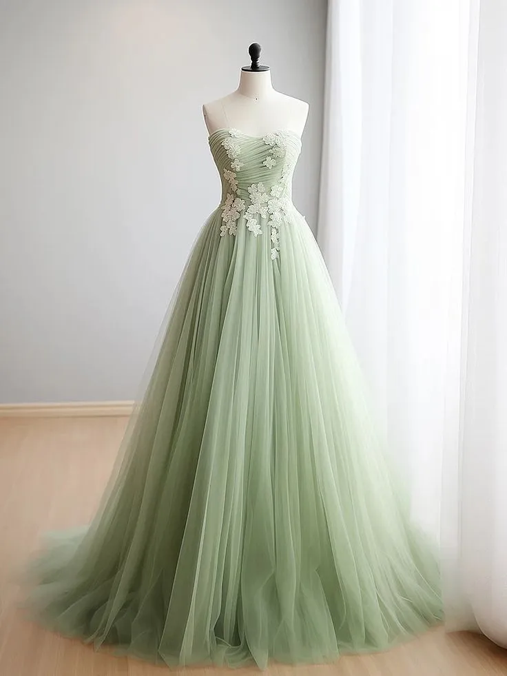green A-line sweetheart neck tulle lace applique long prom dress, formal evening dress HZ1108