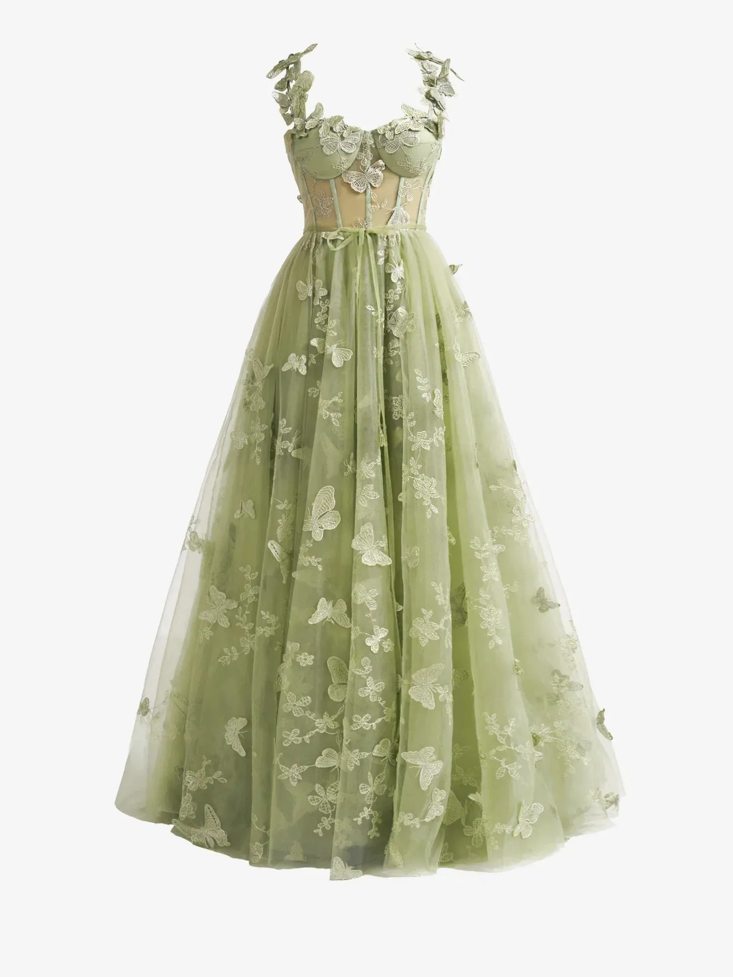 Green A-line Butterfly Lace Corset Prom Dress with Slit HZ1108